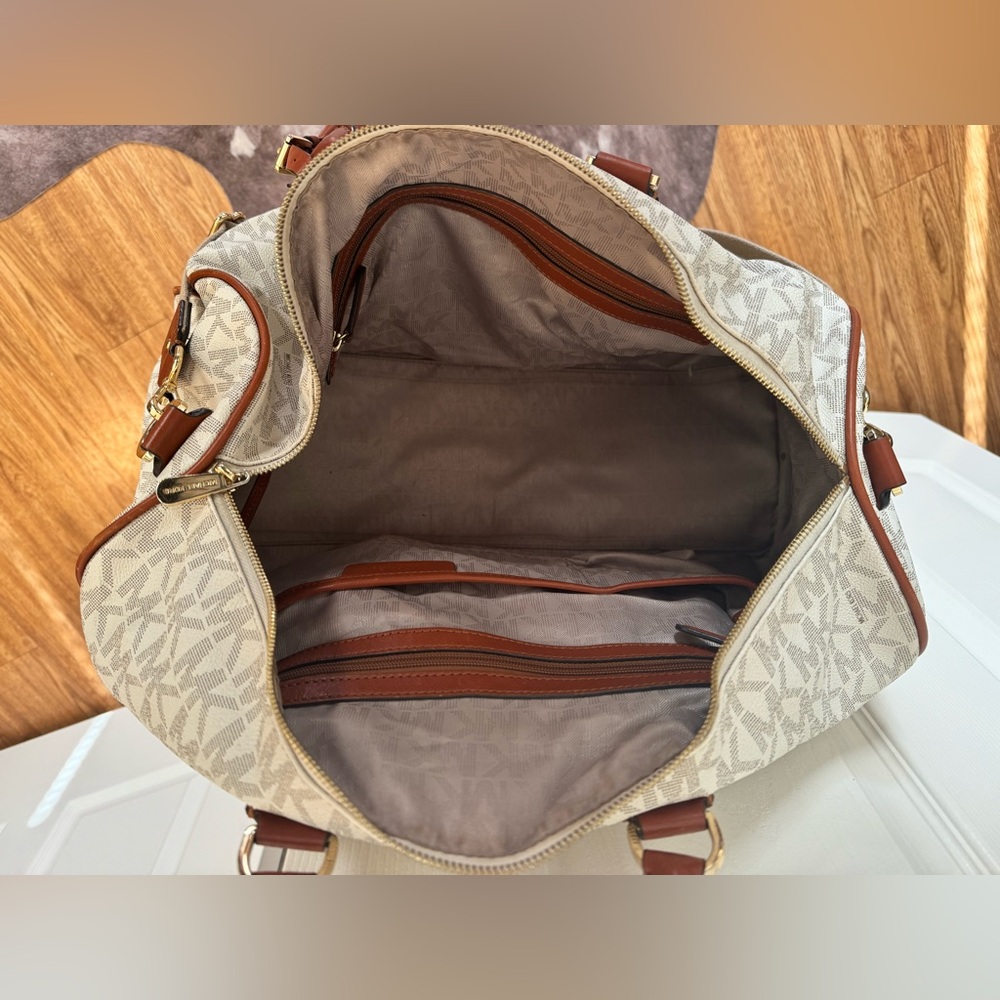 Michael Kors Beige Monogram Duffel with Brown Leather Trim - Picture 4 of 5
